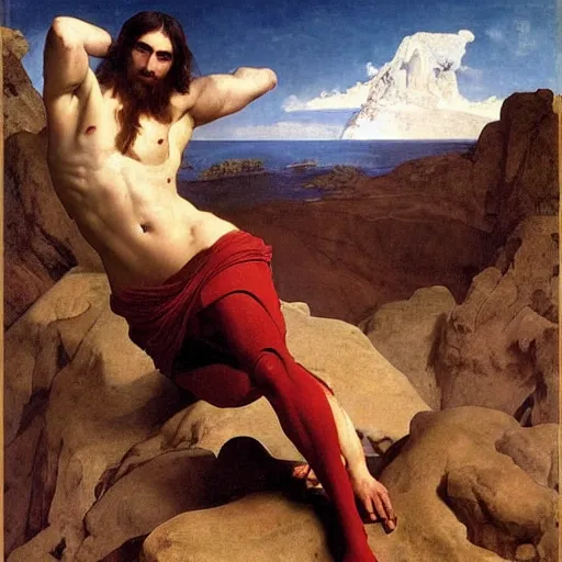 Image similar to a red, muscular dragon in a rocky desert by paul delaroche, alphonse mucha and arnold böcklin arnold böcklin hyperrealistic 8k, very detailed