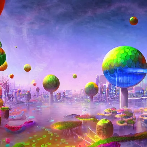 Image similar to a utopian city, filled with extremely colorful fauna, with bubbles floating around everywhere, dynamic lighting, fantasy concept art, trending on art station, stunning visuals, creative, cinematic, ultra detailed