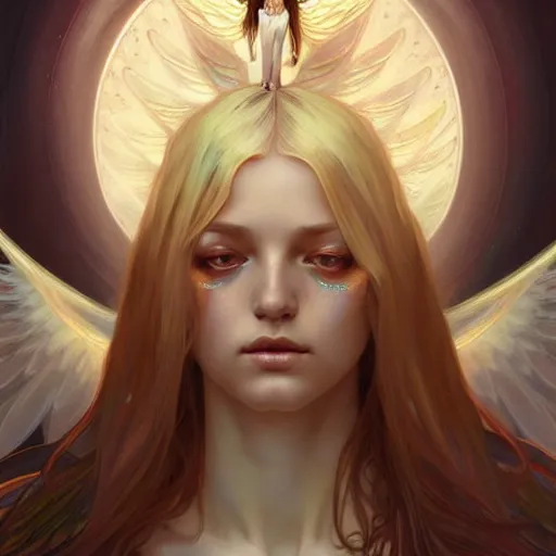 Image similar to Winged girl angel covered in eyes with blonde hair and glowing halo, iridescent, seraphim, fantasy, intricate, elegant, highly detailed, digital painting, artstation, concept art, smooth, sharp focus, illustration, art by Krenz Cushart and Artem Demura and alphonse mucha