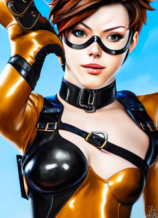 Image similar to oil painting digital artwork of tracer overwatch, confident pose, wearing black iridescent rainbow latex, 4 k, expressive happy smug expression, makeup, in style of mark arian, wearing leather collar, wearing sleek full body armor, black leather harness, expressive detailed face and eyes,