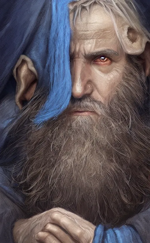 Prompt: portrait of a middle - aged elf, very long beard, dressed in a blue cloak, greyish brown hair, raised hand, clock iconography, detailed face, fantasy, highly detailed, cinematic lighting, digital art painting by greg rutkowski