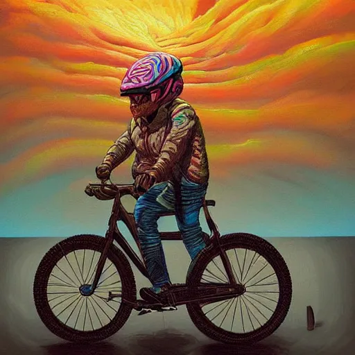 Image similar to a beautiful painting of a very detailed gangster riding a bike by dan mumford, beeple, trending on artstation, vapourwave