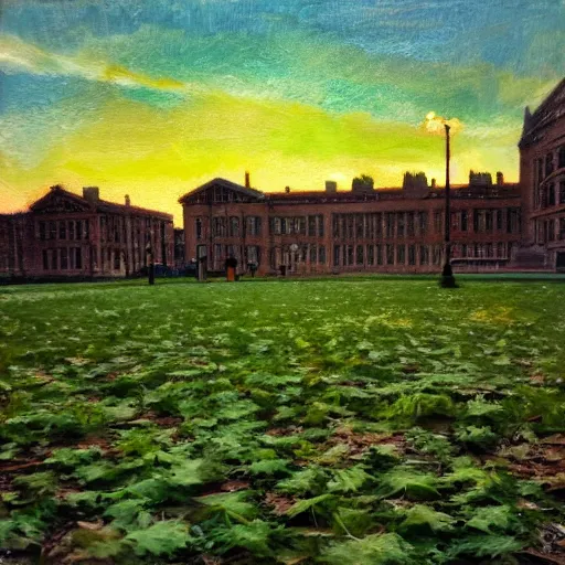 Image similar to university of Leeds, impressionist painting, weed leaves as clouds in sky, dramatic sunset lighting