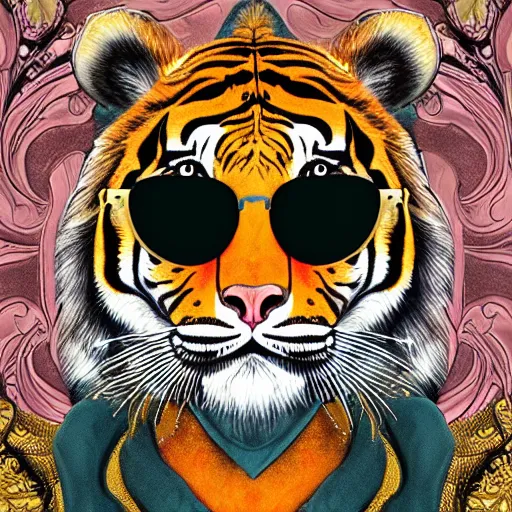 Prompt: a very elaborate elaborated huge standalone hyperrealistic photorealistic tiger wearing sunglasses, art nouveau rococo in the style of caravaggio. unexpected maximalist fabric elements hd 8 x matte background in vibrant dark pastel tones