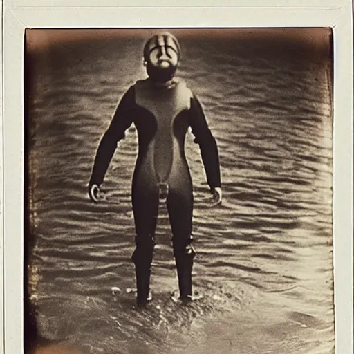 Image similar to old school diving suit, underwater picture, murky, dark, scary, 1910 polaroid