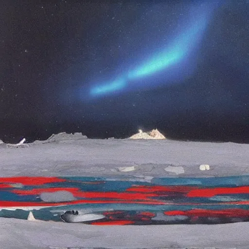 Image similar to the epic abstract painting'blue arctic void with black and red aurora borealis above a pod of humpback whales ', by caspar david friedrich!!!, by rothko!!!, stunning masterpiece, trending on artstation