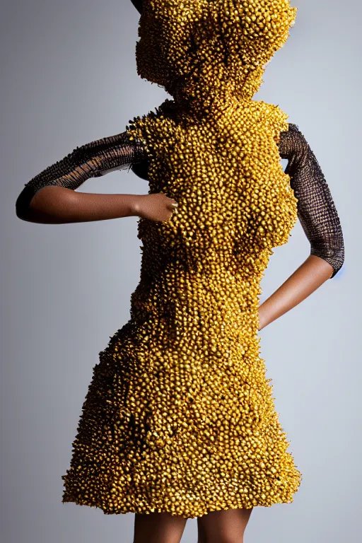 Image similar to A beautiful dress made of a bee hive, on a mannequin. High resolution, studio lighting