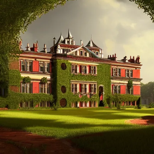 Prompt: matte painting of a countryside landscape of a nobleman large estate with xix century manor. fantastical, elegant, intricate elaborate, red brick, ivy, opulent, archways, columns, balcony, towers, greenhouse verdant lawn. sharp focus, smooth detailed digital art trending in artstation