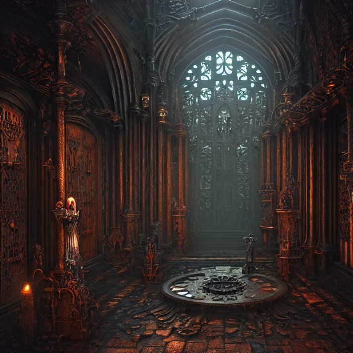 Image similar to steam necropolis, memento mori, gothic, neo - gothic, art nouveau, hyperdetailed copper patina medieval icon, stefan morrell, philippe druillet, ralph mcquarrie, concept art, steampunk, unreal engine, detailed intricate environment, octane render, moody atmospherics, volumetric lighting, ultrasharp, ominous, otherworldly