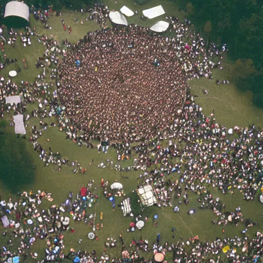 Prompt: professional aerial photograph of within temptation at Woodstock 1988