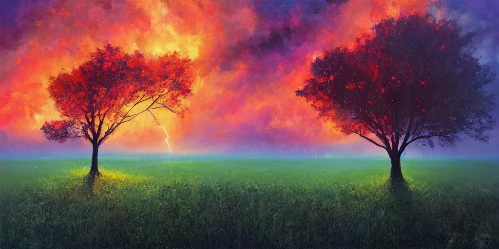 Image similar to lightning strikes a tree in the middle of a field, painting By Alena Aenami,