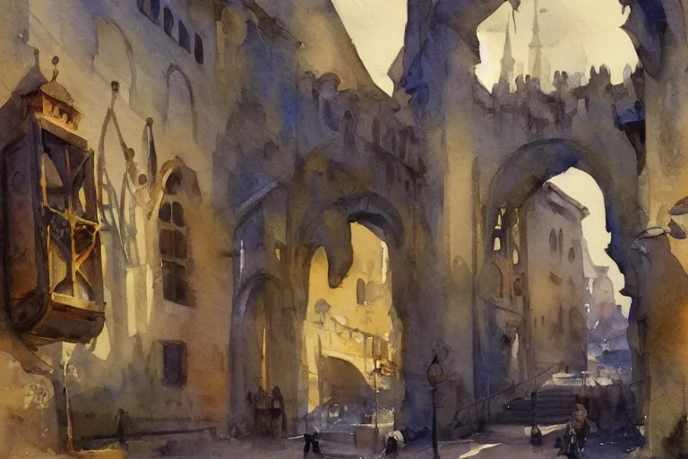 Image similar to small centered on watercolor paper, paint brush strokes, abstract watercolor painting of medieval city entrance, giant iron door, cinematic light, national romanticism by hans dahl, by jesper ejsing, by anders zorn, by greg rutkowski, by greg manchess, by tyler edlin