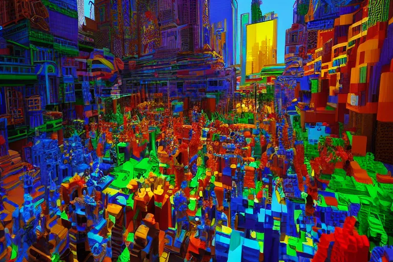 Image similar to Carnival, very highly detailed face's and body's. Voxel art by Caravaggio, cyan dimensional light, Details by Caravaggio, Cyberpunk city as Background by Hiromasa Ogura