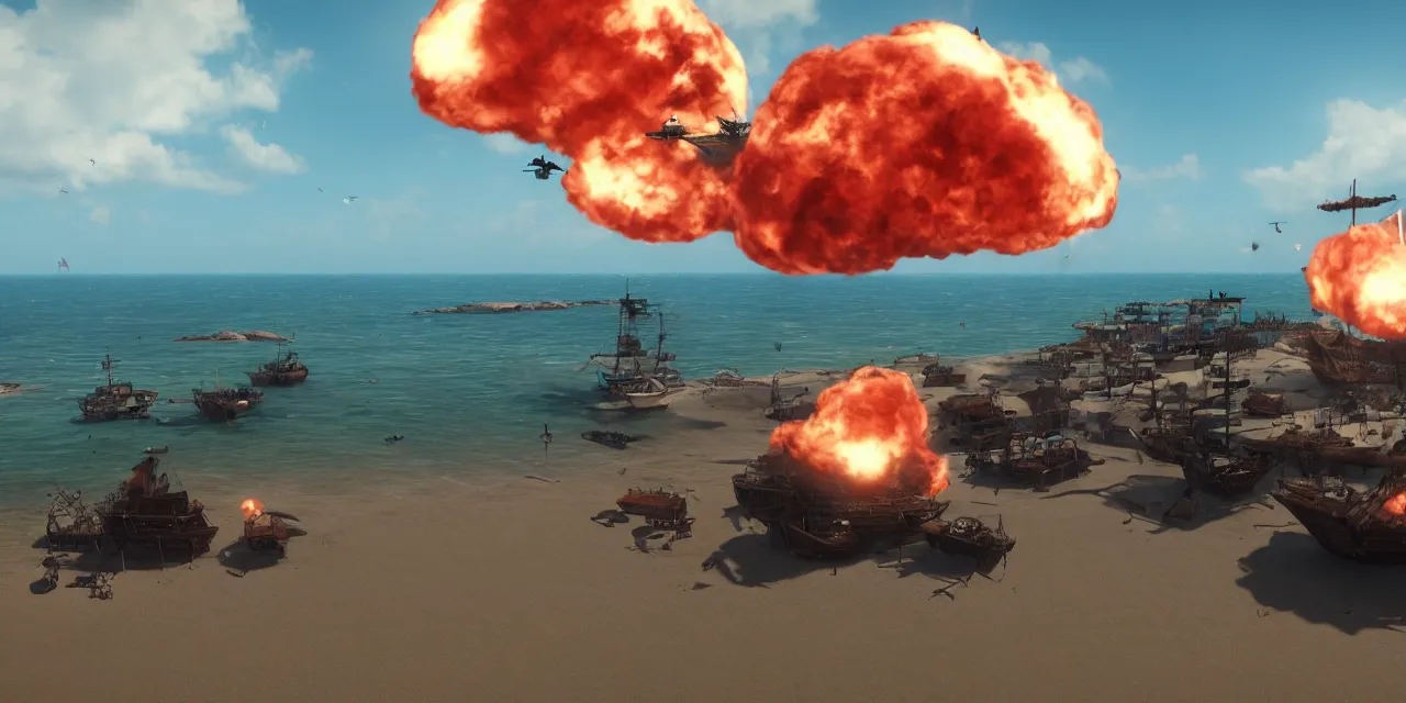 Prompt: Beach Landing with pirate ships, noon, volumetric explosions, cinematic, unreal engine