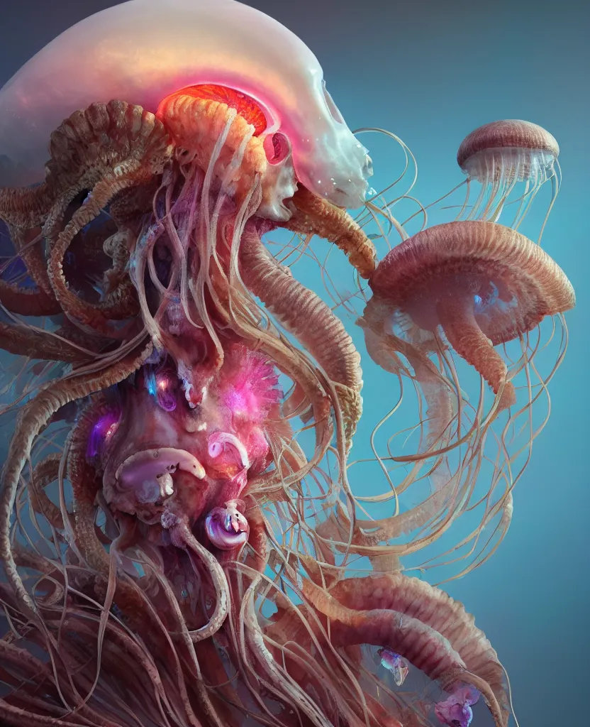 Prompt: goddess close-up portrait ram skull. jellyfish phoenix head, nautilus, orchid, ram skull, betta fish, bioluminiscent creatures, intricate artwork by Tooth Wu and wlop and beeple. octane render, trending on artstation, greg rutkowski very coherent symmetrical artwork. cinematic, hyper realism, high detail, octane render, 8k