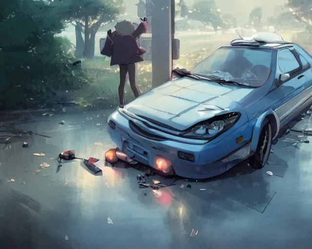 Image similar to a brunnete girl with blue eyes and puffy cheeks lying in a car accident, ambulances around the scene, anime art, Greg Rutkowski, studio ghibli, dramatic lighting