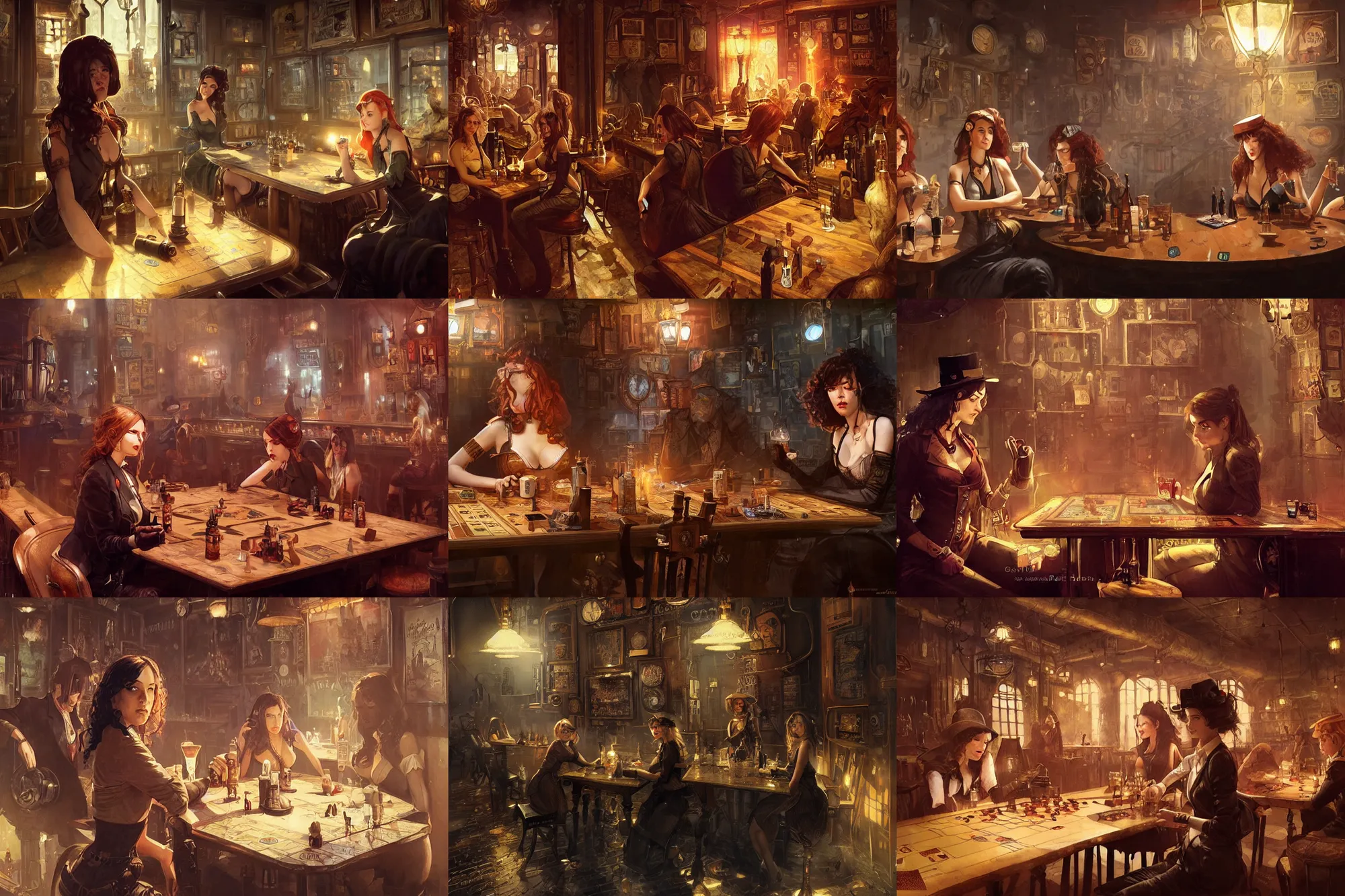 Prompt: women in the interior of a steampunk pub, Greg Rutkowski, Milo Manara, night time, smoking cigarettes, playing board games, highly detailed, Quentin Tarantino movie posters, pulp fiction, level design, concept art, artstation, cgsociety, zenith view