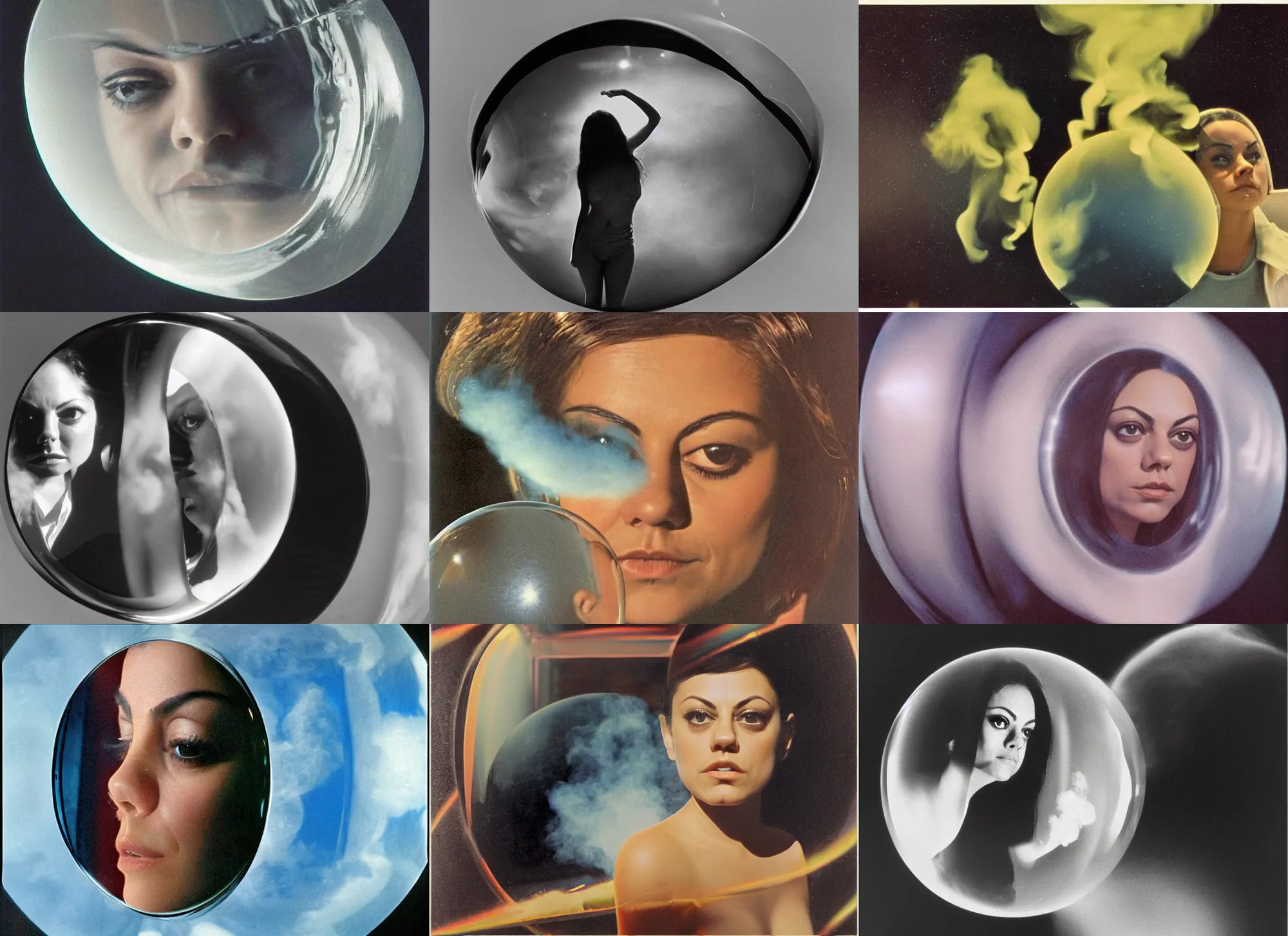 Prompt: smirking 1970 Mila Kunis reflected in a reflective bubble, puffs of smoke, Ludek Pesek, Rick Guidice, Chesley Bonestell, Lucien Rudaux, Rolf Klep, Fred Freeman, George Pal