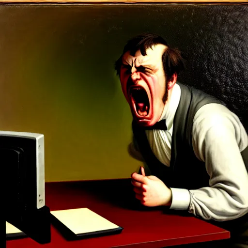 Image similar to an angry man yells at his computer monitor, oil on canvas, 1 8 8 3, highly detailed