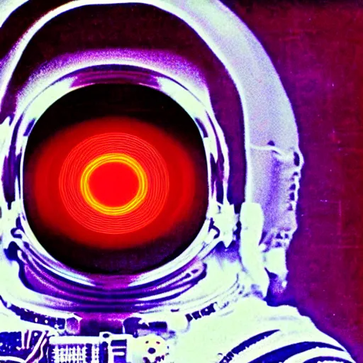 Image similar to astronaut with a neon glowing skull, 1 9 6 0 s, color bleed, video compression, video glitch, stanley kubrick