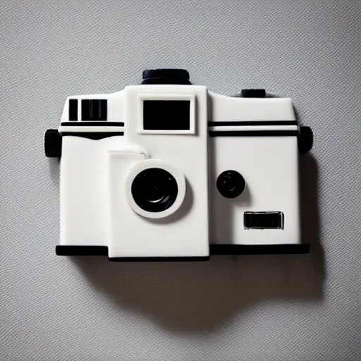 Image similar to photograph of a Stormtrooper inspired medium format TLR camera!!! . very detailed. plain background. 8K . still life photo. elegant vintage design.