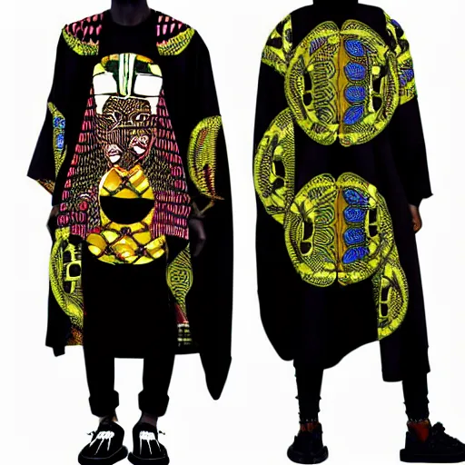 Image similar to black african american afro wearing gucci versace intricate textile chiton himation cloak tunic detailed design japanese kanji streetwear cyberpunk modern fashion