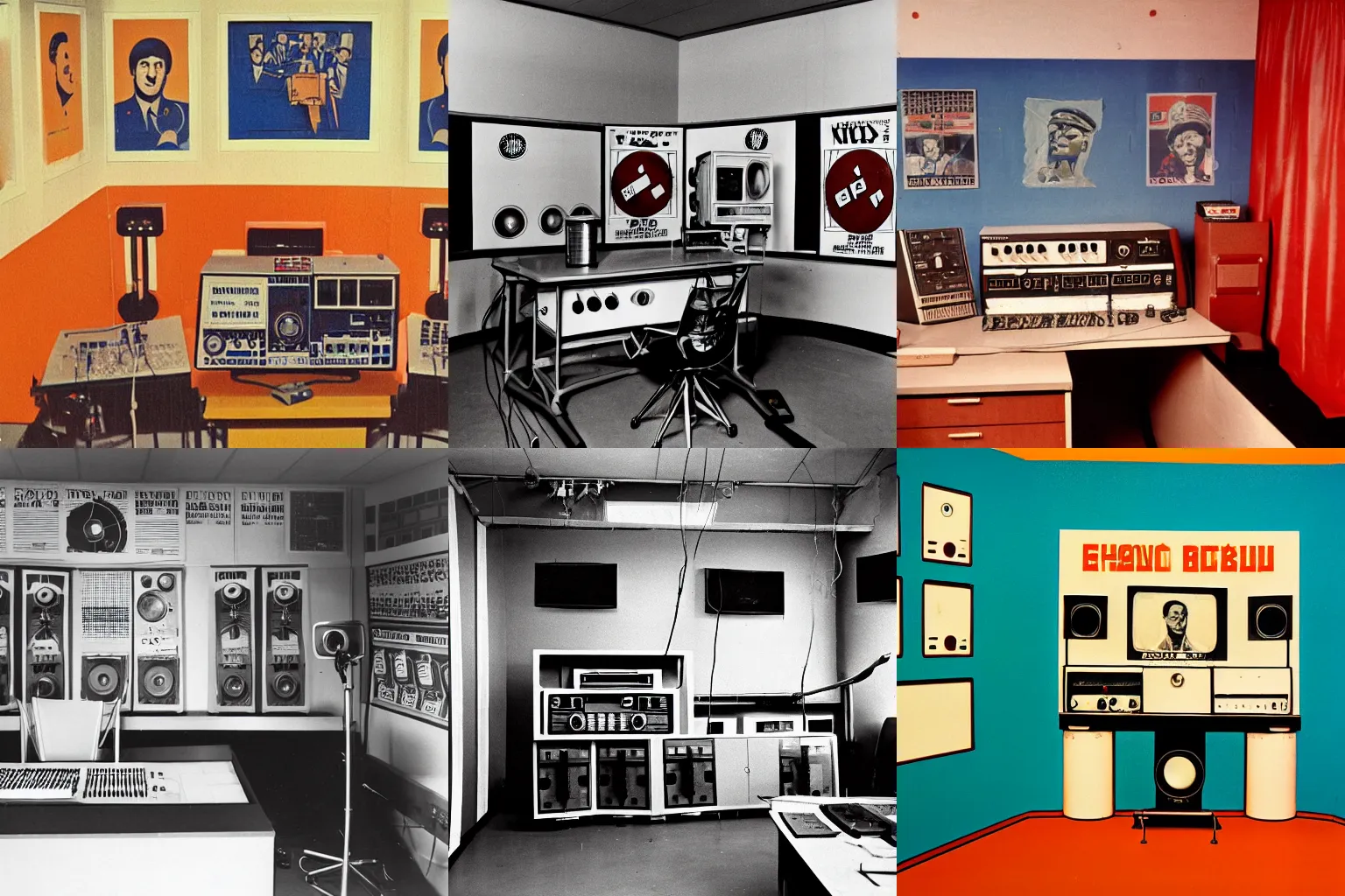 Prompt: radio broadcasting studio in 1980 with soviet propaganda posters on the wall in color realistic