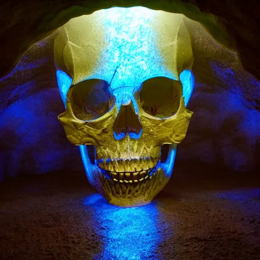 Prompt: a large translucent skull blocking the entrance to a cave emanating a blue glow, subsurface scattering, volumetric light, caustic reflection, adventure mystery cave