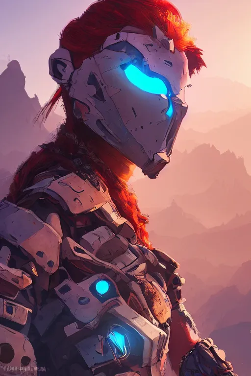 Image similar to combination suit armor aloy horizon forbidden west horizon zero dawn radiating a glowing aura global illumination ray tracing hdr fanart arstation by ian pesty and alena aenami artworks in 4 k tribal robot ninja mask helmet backpack