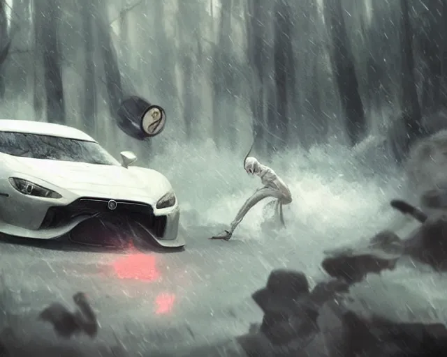 Image similar to a white super car crash, horror scene, dramatic, anime art, Greg Rutkowski, studio ghibli, dramatic lighting