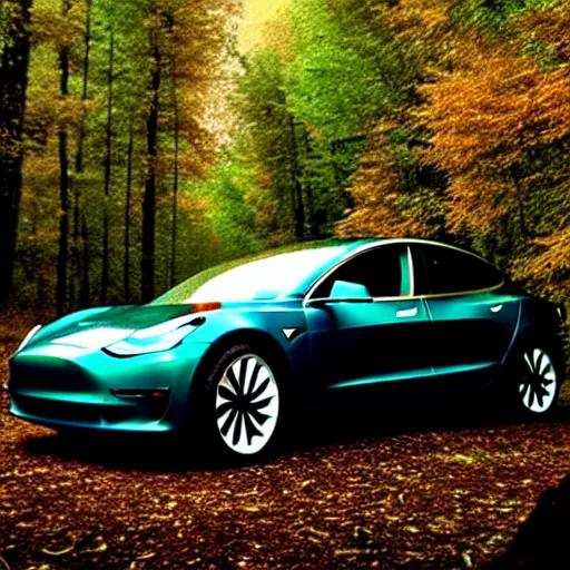 Prompt: renaissance painting of a tesla model 3 in a forest at sunset