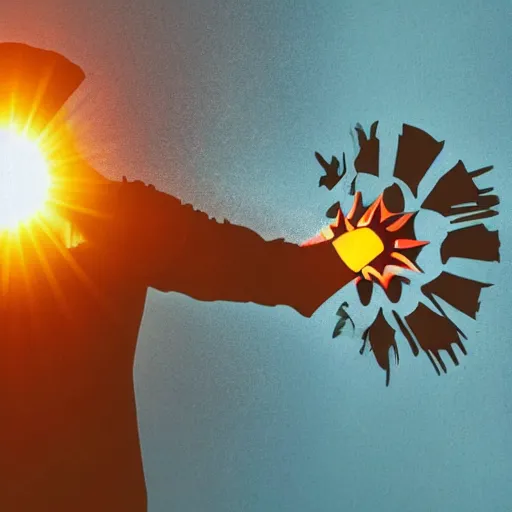 Prompt: the sun crying, man pointing weapon at it