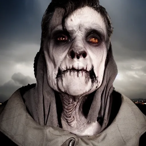 Image similar to vampire with raisin skin texture, grey wrinkled skin, posing on gothic cathedral roof, hostile architecture, vampire portrait, thunderbolt backdrop, illuminated by lightning, old tattered velvet cape, gaunt expressionless face, sunken cheekbones, bags under eyes, puffy white shirt, full moon, global illumination, gold dappled light, gradient aperture