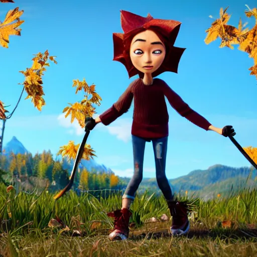 Image similar to a stopmotion animation character, a beautiful canadian woman, gardening, very attractive, spiky dark grey hair, striped sweater, tight denim jeans, maroon doc marten boots, canadian maple leaves blowing about, mountains, autumn, unreal engine 5, 8 k, kubo and the two strings, disney, pixar,