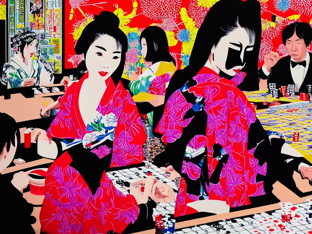 Image similar to hyperrealistim composition of the detailed single woman in a japanese kimono sitting at a extremely detailed poker table with darth vader, fireworks, river on the background, pop - art style, jacky tsai style, andy warhol style, acrylic on canvas