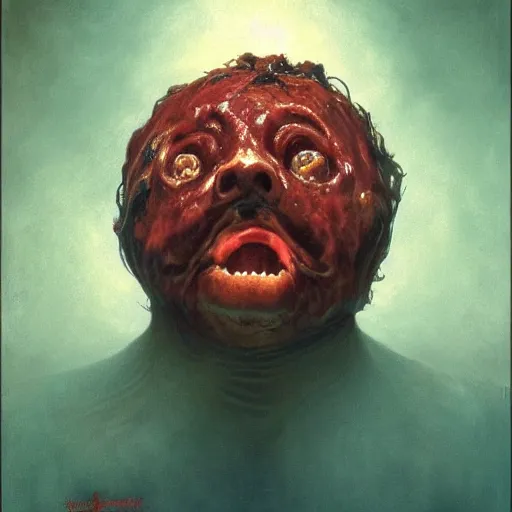 Image similar to big eyes wide open, horrific sentient meatloaf, holding meatloaf, sloppy, gross, meatloaf, hyper realistic, terrifying, disturbing, strange, bizarre, masterpiece, meatloaf is everywhere, ground beef bloody, liquid, 4 k, vivid colors, elegant, highly detailed, john park, frazetta, john howe, ruan jia, jeffrey catherine jones