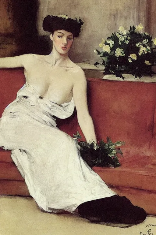 Image similar to european woman in a gown relaxing on couch, bloom flowers, modern, eclectic, illustration, by ramon casas