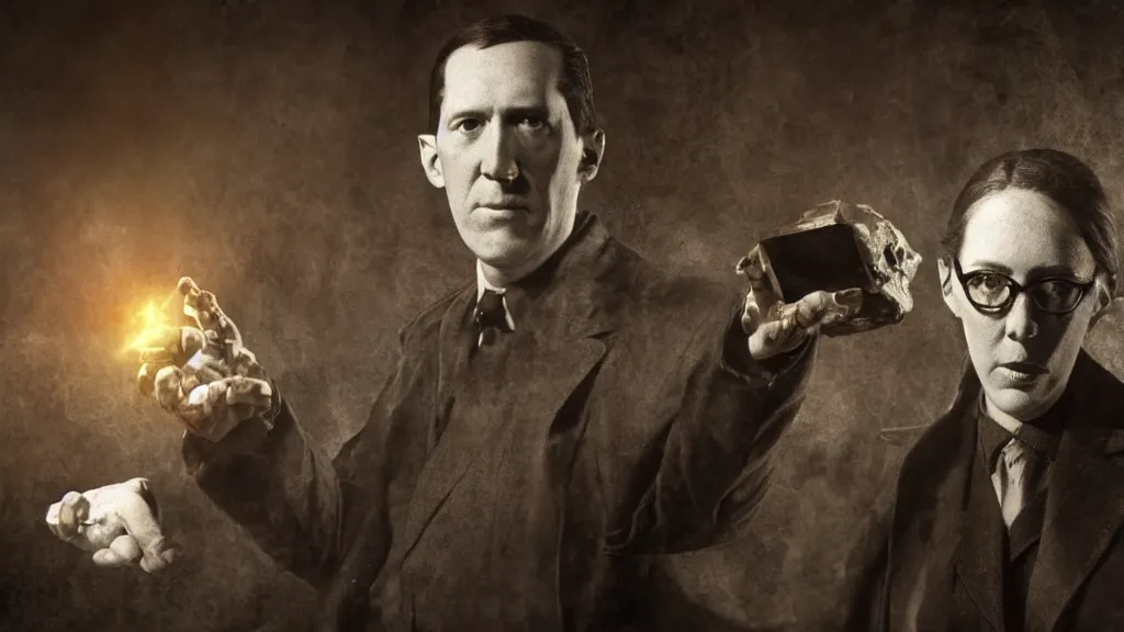 Prompt: Howard Phillips Lovecraft with eldritch being in her hands, 8K, concept art, filmic, HDR, hyperrealism, volumetric lighting, horror, Dark art