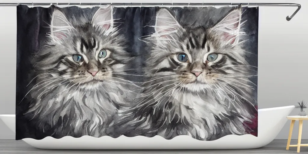 Prompt: shower curtain product catalog. printed on the curtain is a maine coon kitten watercolor with ink under drawing. product photography, product lighting. 4 k, highly detailed. saturated.