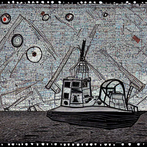 Image similar to an abandoned ship in the aral sea, in the style of daniel johnston and outsider art, 8 k, line brush, overlaid with chinese adverts