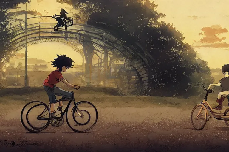 Prompt: a boy riding his bike alone, high intricate details, rule of thirds, golden ratio, cinematic light, anime style, graphic novel by fiona staples and dustin nguyen, by beaststars and orange, peter elson, alan bean, studio ghibli, makoto shinkai