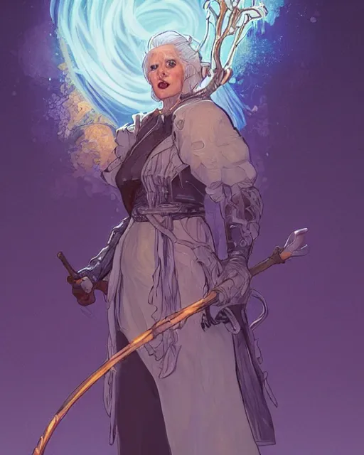 Prompt: a white-haired witch holding a gnarled walking staff, glowing iridescent accents, digital apex legends illustration portrait, gorgeous lighting, wide angle action dynamic portrait, art by Josan Gonzalez, blue and gold palette, high contrast
