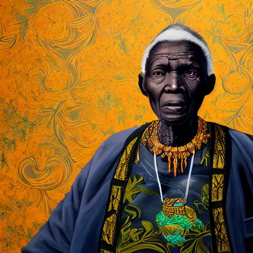 Image similar to a painting of a wise elder from Kenya by Kehinde Wiley . dramatic angle, ethereal lights, details, smooth, sharp focus, illustration, realistic, cinematic, artstation, award winning, rgb , unreal engine, octane render, cinematic light, macro, depth of field, blur, red light and clouds from the back, highly detailed epic cinematic concept art CG render made in Maya, Blender and Photoshop, octane render, excellent composition, dynamic dramatic cinematic lighting, aesthetic, very inspirational, arthouse.