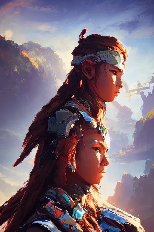 Image similar to combination suit armor aloy horizon forbidden west horizon zero dawn radiating a glowing aura global illumination ray tracing hdr fanart arstation by ian pesty and alena aenami artworks in 4 k tribal robot ninja mask helmet backpack