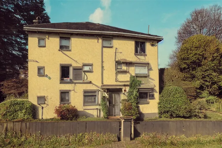 Image similar to cyberpunk, an estate agent listing external photo of a 5 bedroom detached house in the countryside, robots, sunny day, clear skies, by Paul Lehr, highly detailed, photorealistic, 8k, anamorphic, cinestill cinematrography