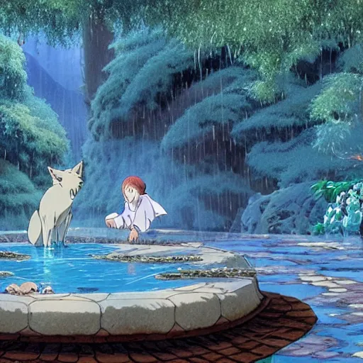 Image similar to a spirit wolf forest drinking water from an illuminated pool, hayao miyazaki, masashi ando, nizou yamamoto, kazuo oga, joe hisaishi, yoji takeshige, naoya tanaka