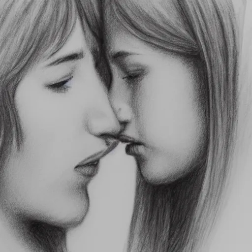 Prompt: close up of young lovers kissing, pencil sketch