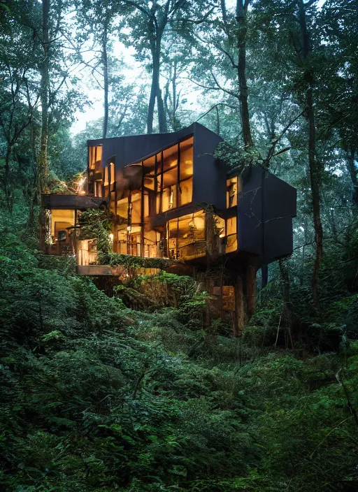 Image similar to an exquisite holiday home in the middle of a lush forest, visible through the lush overgrowth, architectural photography, dark and dim lighting, beautiful, tranquil, moody, cinematic, fantasy, 3 5 mm lens, volumetric lighting, first person view, photographic render, hyper realistic