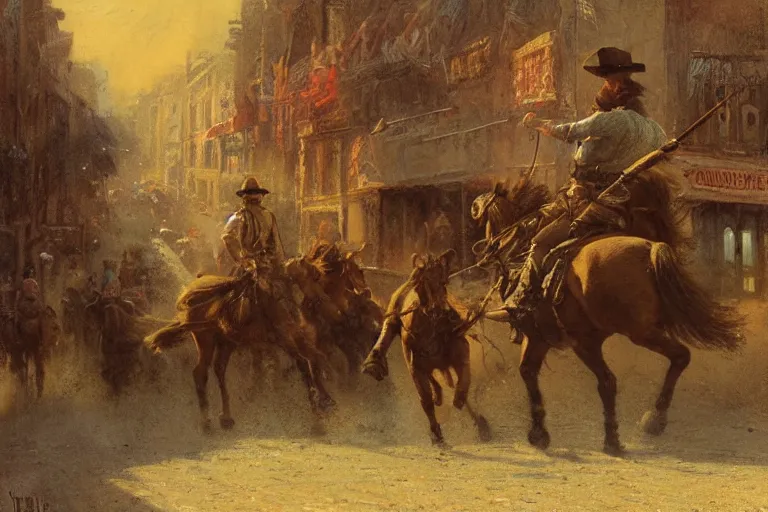 Image similar to rugged sheriff riding his horse through a busy old - west town, detailed, volumetric lighting, cinematic, in the style of fredrick remington, gaston bussiere