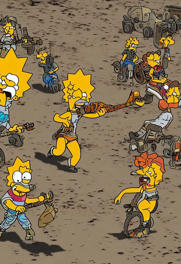 Image similar to Lisa Simpson Fury Road, borderlands screenshot high quality